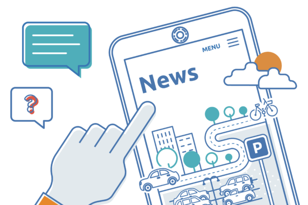 Illustration of a hand pointing to a webpage on a device titled 'News'